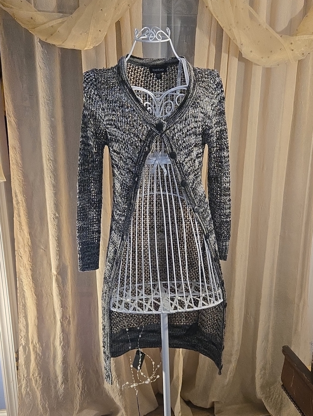 bebe Black & White Marled Open-Front Longline Cardigan